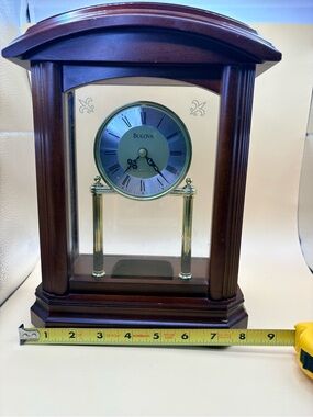 Bulova Gold and Brown Wooden Mantel Clock with Glass Case